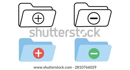 Folder icon collection with add and remove symbols in outline and color styles representing file management, document organization, digital storage, software interfaces, and office resources.