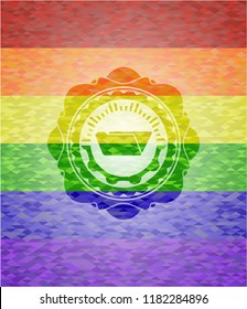 folder icon inside emblem on mosaic background with the colors of the LGBT flag