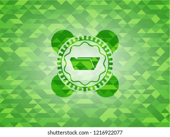 folder icon inside realistic green emblem. Mosaic background