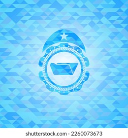 folder icon inside realistic sky blue emblem. Mosaic background. 