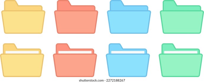 Folder icon open frontal vector set with outline in yellow, red, blue and green color