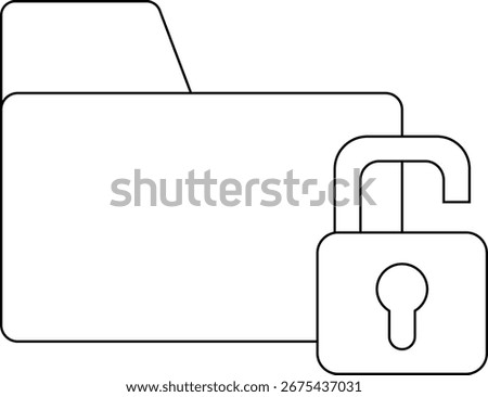 folder icon and open padlock icon with white background.with black lines