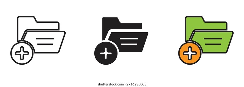 Icono de carpeta con símbolo de signo más, que representa la adición de nuevos directorios, organización de archivos, administración de almacenamiento digital y creación de nuevas carpetas de datos.