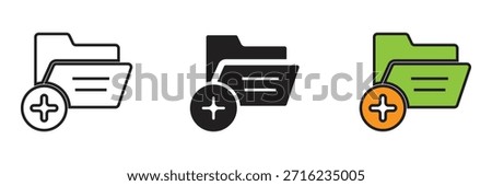 Folder icon with plus sign symbol, representing adding new directories, file organization, digital storage management, and creating new data folders.
