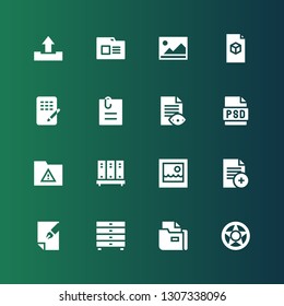 folder icon set. Collection of 16 filled folder icons included Data protection, File, Drawers, Document, Picture, Folder, Psd, Attached file, Database, Upload