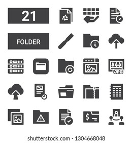 folder icon set. Collection of 21 filled folder icons included Gallery, Folder, File, Pictures, Archive, Document, Upload, Jpg, Picture, Files, Database