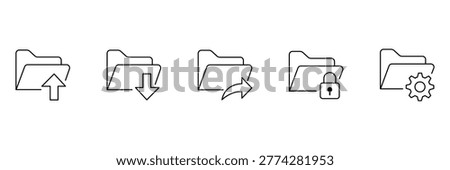 Folder icon set featuring upload download share forward secure lock password and directory gear settings vector illustration for file management.
