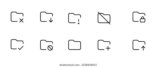 Folder icon set. File catalog, document search, folder synchronization, local network vector illustrations. Outline minimal signs. Editable Stroke. Suitable for Web Page, Mobile App, Ui ux