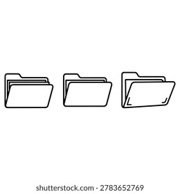 Folder icon set showing three different digital document file symbols in a simple black and white line art style for modern computer interface design and organized data management system layout.