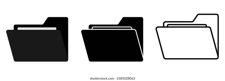 Folder icon set. Simple computer file folder icon. Modern computer file folder icon in black color isolated on white.