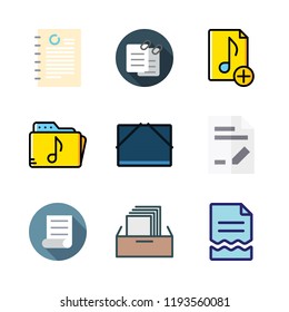 folder icon set. vector set about music folder, file storage, filing cabinet and document icons set.
