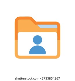 A folder icon with a user profile graphic, flat style. Isolated, featuring orange, light blue and black.