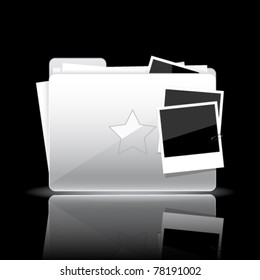 Folder icon. White glossy folder with documents and photo cards isolated on black background