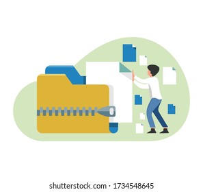 Folder icon. Zipped compressed file or folder vector illustration. Vector illustration of people compressing file to zip folder. Zip folder archive directory