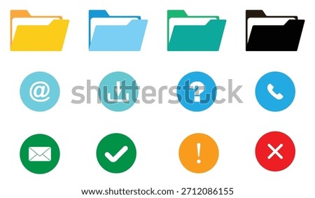Folder icons with action symbols showing mail, call, download, info, warning and cancel signs in clean round shapes. No generic elements.