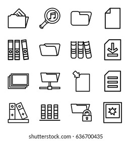 Folder icons set. set of 16 folder outline icons such as photos, binder, serach music, file, photo, paper