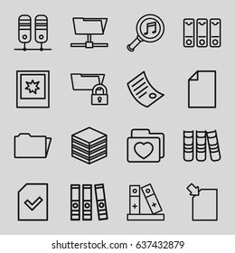 Folder icons set. set of 16 folder outline icons such as binder, serach music, file, photo, document, paper, archive