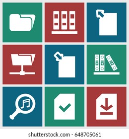 Folder icons set. set of 9 folder filled icons such as binder, serach music, file, folder