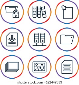 Folder icons set. set of 9 folder outline icons such as photos, file, binder, picture, paper