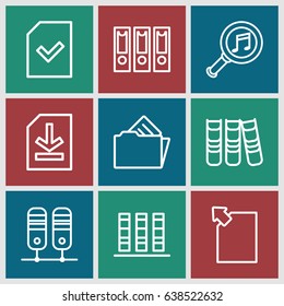 Folder icons set. set of 9 folder outline icons such as serach music, file, binder, document in folder