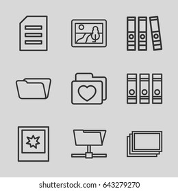 Folder icons set. set of 9 folder outline icons such as photos, binder, photo, picture
