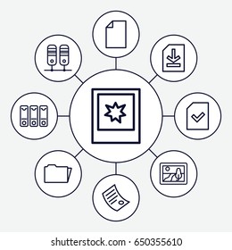 Folder icons set. set of 9 folder outline icons such as folder, file, binder, photo, document, picture