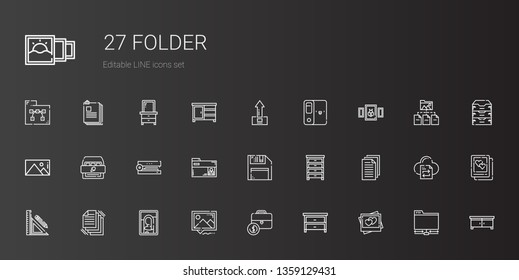 folder icons set. Collection of folder with picture, drawer, portfolio, files, stationery, diskette, stapler, cabinet, upload, ftp, file transfer. Editable and scalable folder icons.