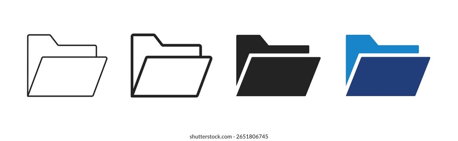 Folder icons set. Editable stroke file directory symbols in outline, filled and flat styles. Vector solid.