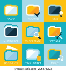 Folder Icons Set Favorites Settings Music Ideas Search Documents Trash on Stylish Background Modern Flat Design Template Vector Illustration