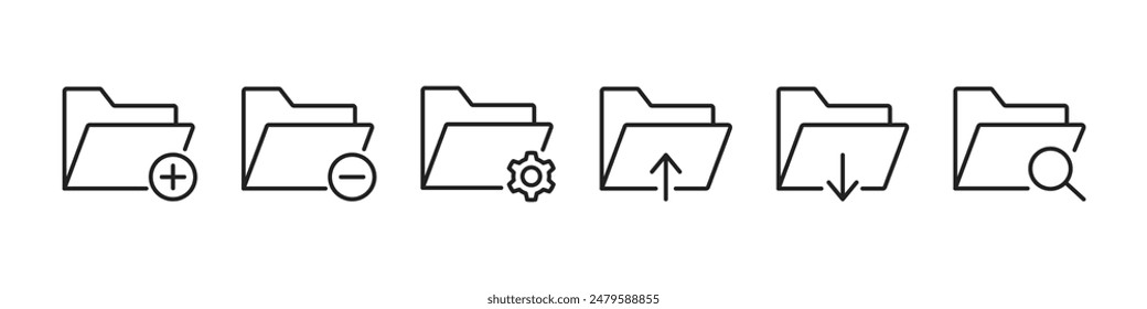 Folder icons set. File catalog, document search, add, download. Vector.