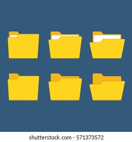 Folder icons set, isolated on blue background. Open and close yellow folders with documents. Modern flat design vector illustration concept for web banners, web and mobile app, web sites, infographic.