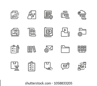Folder icons. Set of twenty line icons. Data storage, exchange, file. File system concept. Vector illustration can be used for topics like information technology, analysis, reports