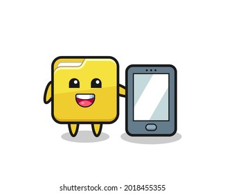 folder illustration cartoon holding a smartphone , cute style design for t shirt, sticker, logo element