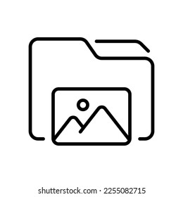 Folder with image line icon. Take pictures, image, photographer, digital, celluloid, film, data storage, art, capture the moment, photography. Technology concept. Vector line icon on white background