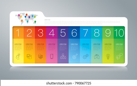 Los iconos vectoriales y de marketing de diseño de infografías de carpetas se pueden utilizar para diseño de flujo de trabajo, diagrama, informe anual, diseño web. Concepto de negocio con 10 opciones, pasos o procesos.