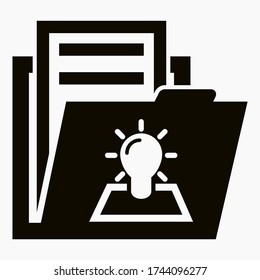 Folder and light bulb icon. Bills for the light. Collection of documents of electricity. Illustration of a folder with new offers. Vector icon.