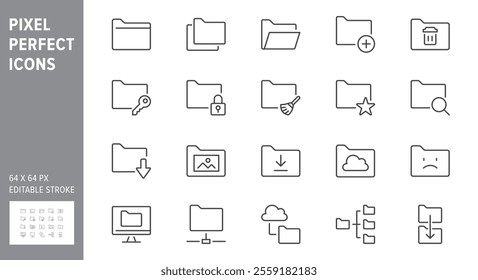 Folder line icons. Vector illustration include icon - file, copy, erase, download, network, lock, document, browse outline pictogram for computer catalog. 64x64 Pixel Perfect, Editable Stroke.