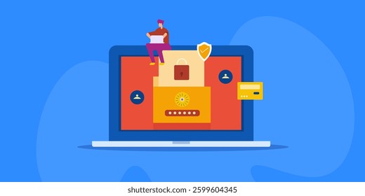 Folder lock computer security, Folder lock application, Preventing unauthorized access, Encrypted message - vector illustration background with icons