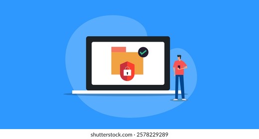 Folder lock, Folder security, Secure folder from unauthorized entry, Cyber security, Data protection - vector illustration background with characters