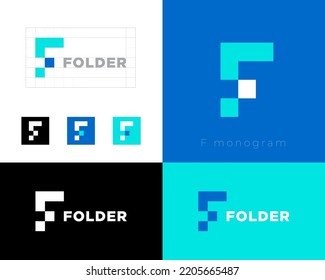 Ordner-Logo. F Monogramm. Buchstabe F bei Pixelkunst. Abstraktes Symbol. Identität, Corporate Style, App-Button-Set.