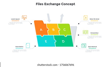 Folder Made Of 5 Colorful Jigsaw Puzzle Pieces. Concept Of Five Features Of Files Exchange System, Download And Upload Of Business Data. Simple Infographic Design Template. Flat Vector Illustration.