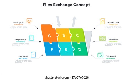 Folder Made Of 6 Colorful Jigsaw Puzzle Pieces. Concept Of Six Features Of Files Exchange System, Download And Upload Of Business Data. Simple Infographic Design Template. Flat Vector Illustration.