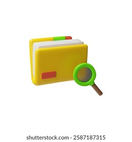 Folder with magnifying glass 3D cartoon plastic style vector icon. File management scan concept. Realistic data files search. Office folder documents and archive cases. Paperwork directory interface