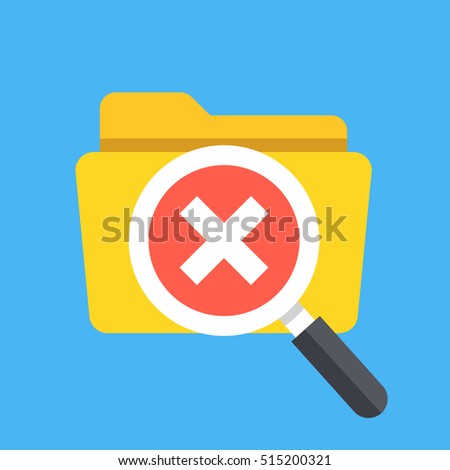 Folder and magnifying glass with cross checkmark icon. Modern flat design vector illustration