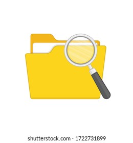 Folder with Magnifying Glass isolated on white background. Search of data, Searching concept with yellow folders icon and magnifying glass. Vector illustration in flat style. EPS 10.