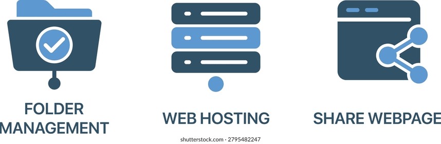 Folder management web hosting and webpage sharing vector icons with cloud and share symbols