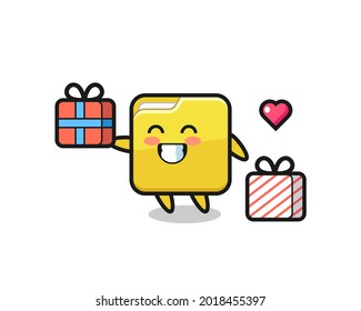 caricatura de mascota de carpeta que da el regalo , diseño de estilo lindo para camiseta, pegatina, elemento logo