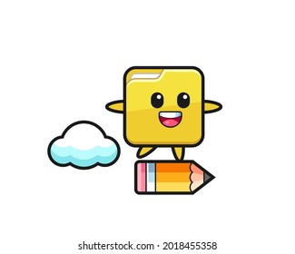 folder mascot illustration riding on a giant pencil , cute style design for t shirt, sticker, logo element