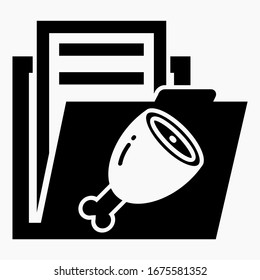 Folder and meat icon. Illustration of food documents. Bills for a restaurant, cafe. Bookkeeping cafe, restaurant. Vector icon.