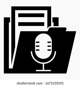 Folder and microphone icon. Voice recording archive. Playlist of audio messages. Recording Studio. Recording from the recorder. Vector icon.